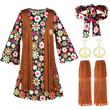 Haysandy Kids Hippie Costume Set For Girls 60S 70S Hippie Dress Peace Sign Hippie Party Accessories For Carnival Halloween Cosplay Party(Xl)