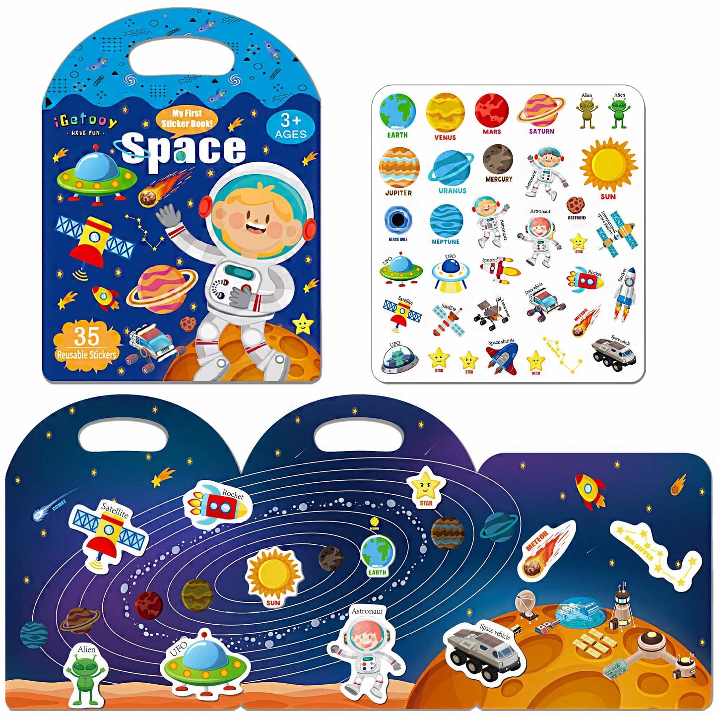 Igetooy Reusable Sticker Books For Kids, Jelly Quiet Book, Preschool Learning Activities Busy Book For Toddler Travel Toys Waterproof Stickers For Kids 2 3 4 5 6 Year Old Girls Boys (Space)