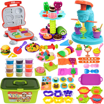 COREPR Toys 62 Pcs 3 in 1 Color Dough Kitchen Creations Food Modeling Playset with Portable Box,Ice Cream Hamburger Maker Machin