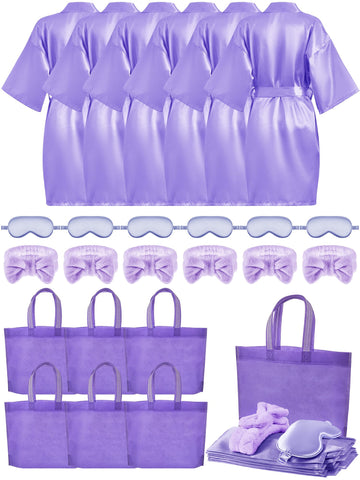 Sintuff 24 Pcs Sleepover Party Supplies For Girls 6 Spa Party Robes 6 Tote Bags 6 Headbands 6 Spa Masks(Size 14,Light Purple)