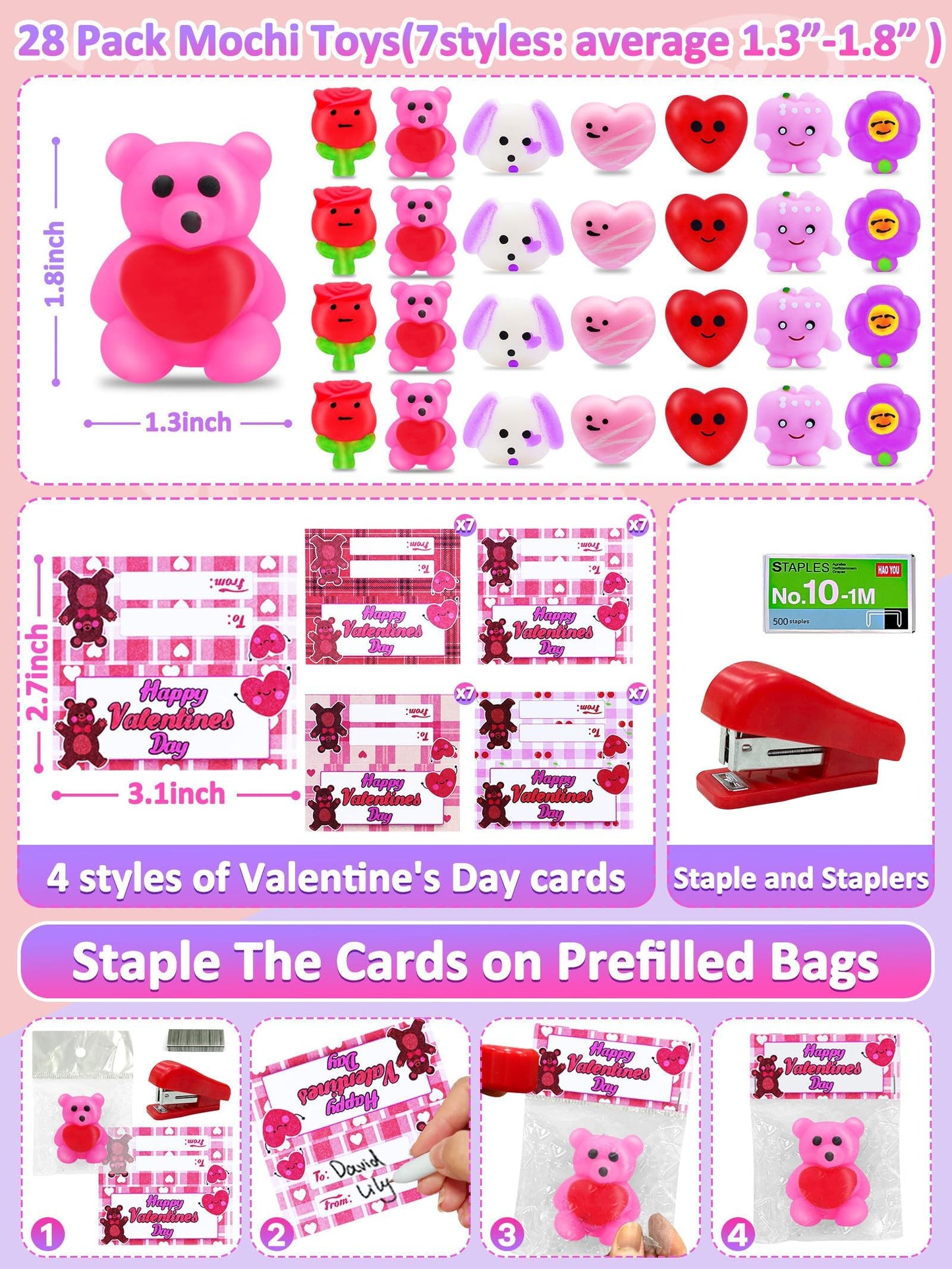 AMENON 28 Pack Valentines Day Mochi Squishy Toys, Small Kawaii Stress Relief Fidget Gifts, Red, Pink, Blue, Purple