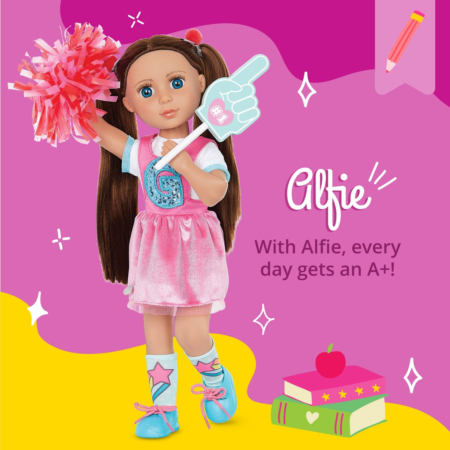 Glitter Girls – Alfie 14-Inch Poseable Cheerleader Doll – Brown Hair & Blue Eyes ¬– Pom Poms, Pink Romper Dress, Hair Clips, Megaphone – Toys & Cheer Accessories For Kids Ages 3+