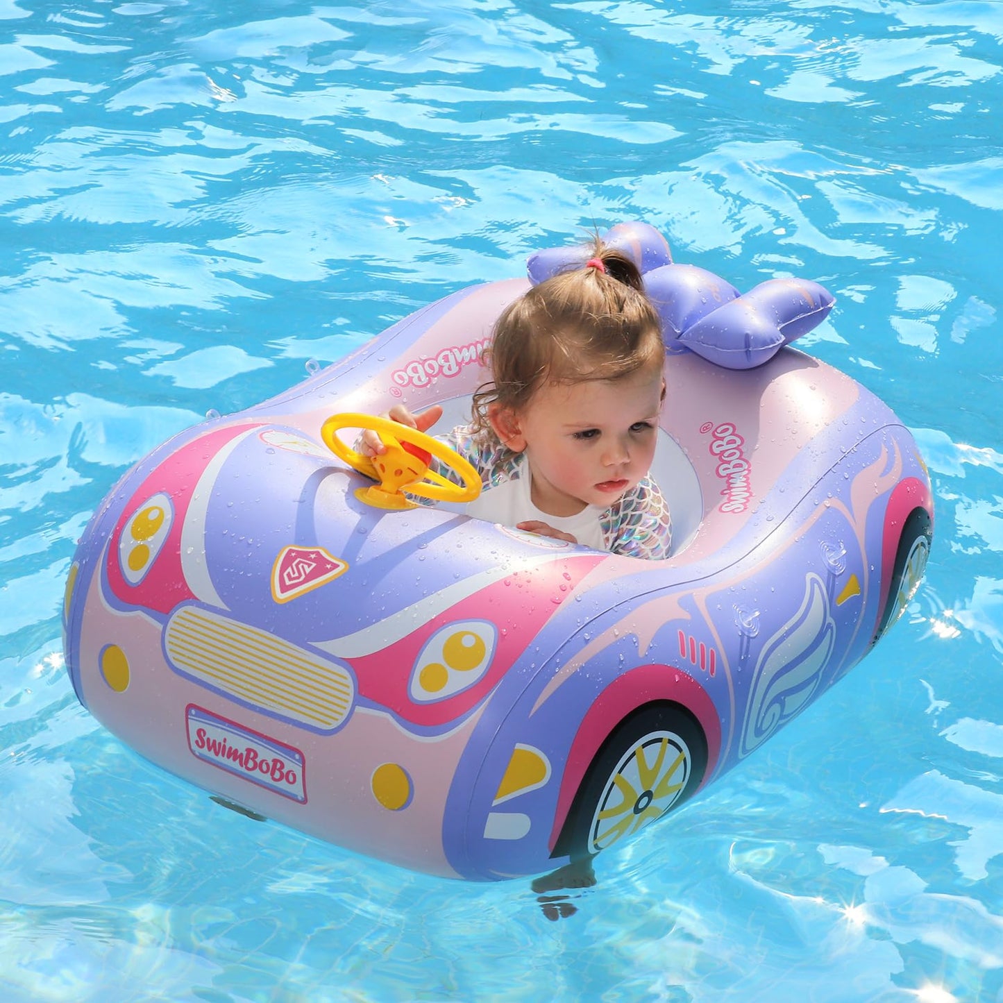 Swimbobo Toddler Pool Float Inflatable Car Baby Swim Float With Adjustable Sun Canopy And Safety Seat Pool Toys For Kids 1-4 Years Old (Princess Pink)