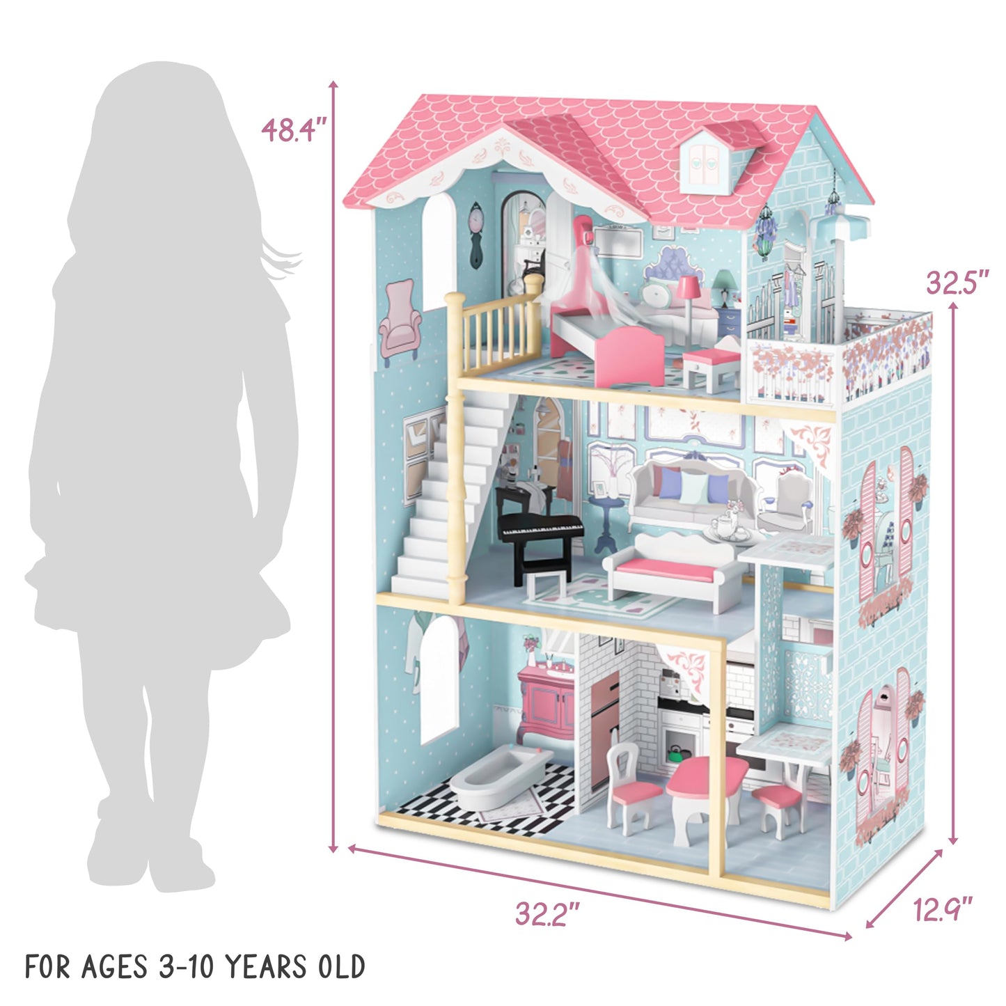 Lil' Jumbl Kid'S Wooden Pink Dollhouse With Elevator, Balcony & Stairs, Accessories & Furniture Included, 3 Story Easy To Assemble Dollhouse Toy - X-Large