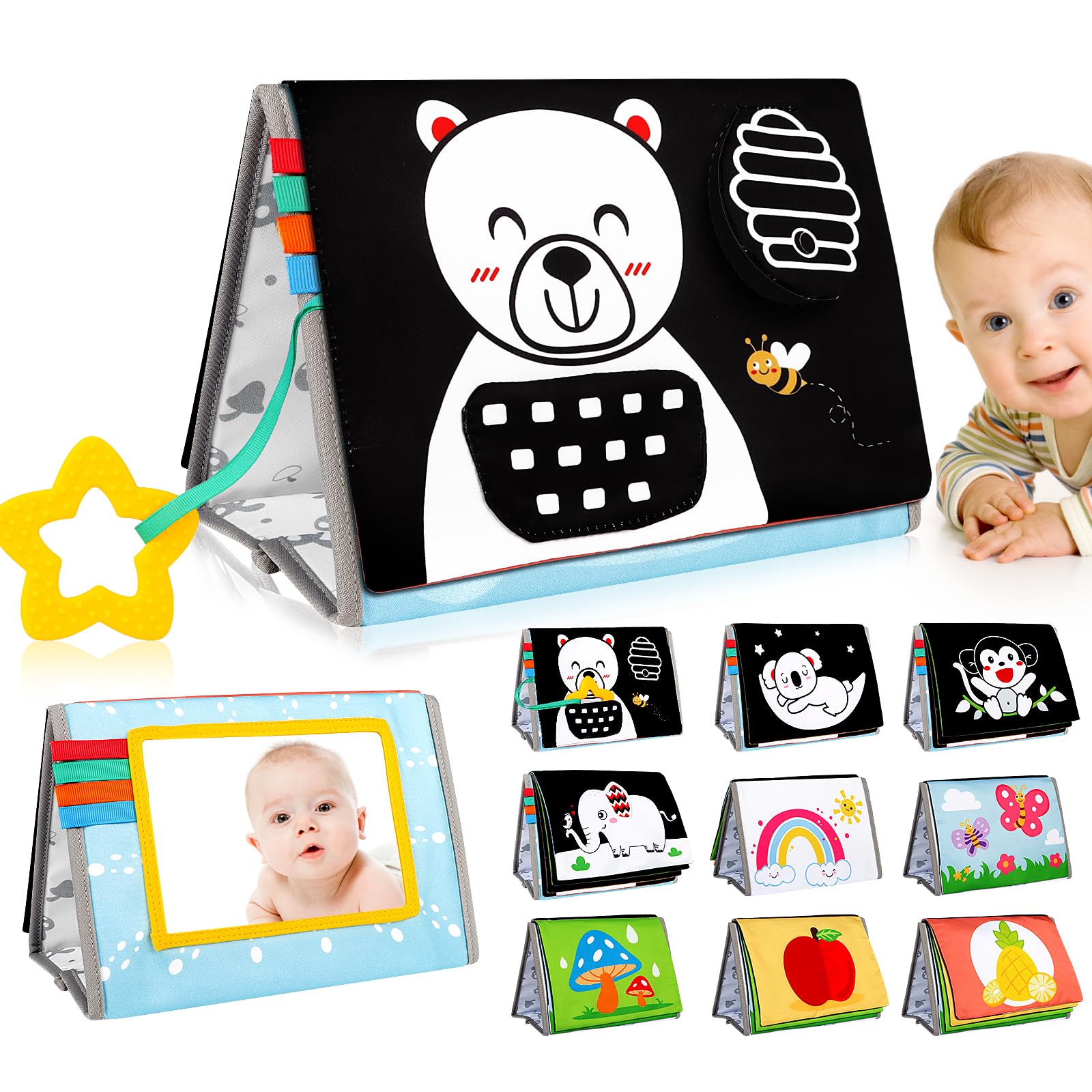 Aboosam Tummy Time Mirror Baby Toys 0-6 Months - Infant Toys Black And White High Contrast Baby Crinkle Toys 0-3 Months With Teether - Montessori Newborn Brain Development Sensory Toys For Babies