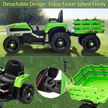 12V Battery-Powered Toy Tractor With Trailer, Ride On Tractor With Remote Control And 3 Speed Adjustable, Electric Car For Kids
