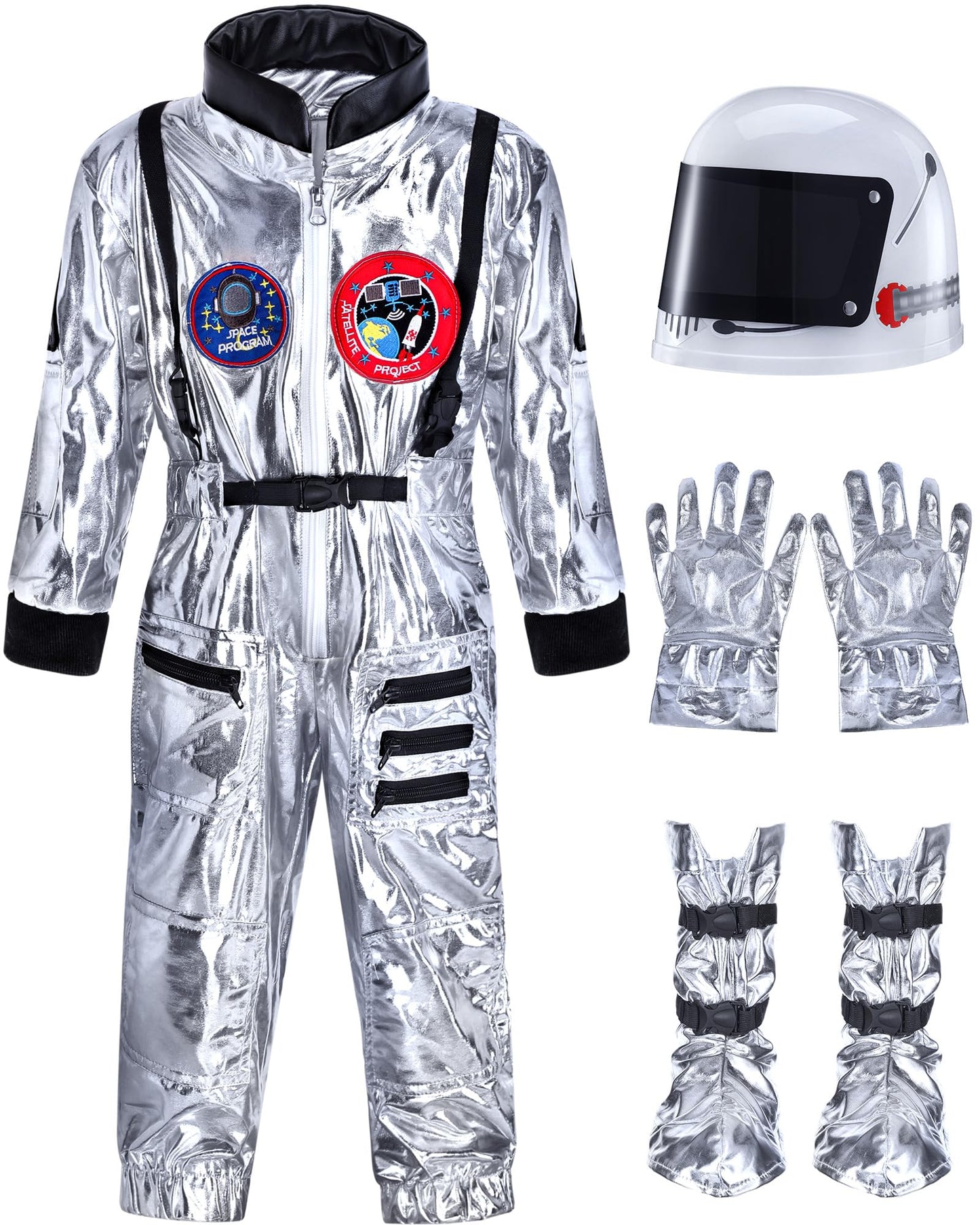 Cuffbow 4 Pcs Astronaut Costume Kids For Halloween, Space Helmet Jumpsuit Gloves Shoe Covers Set For Child Teen Boys (Silver,3-4