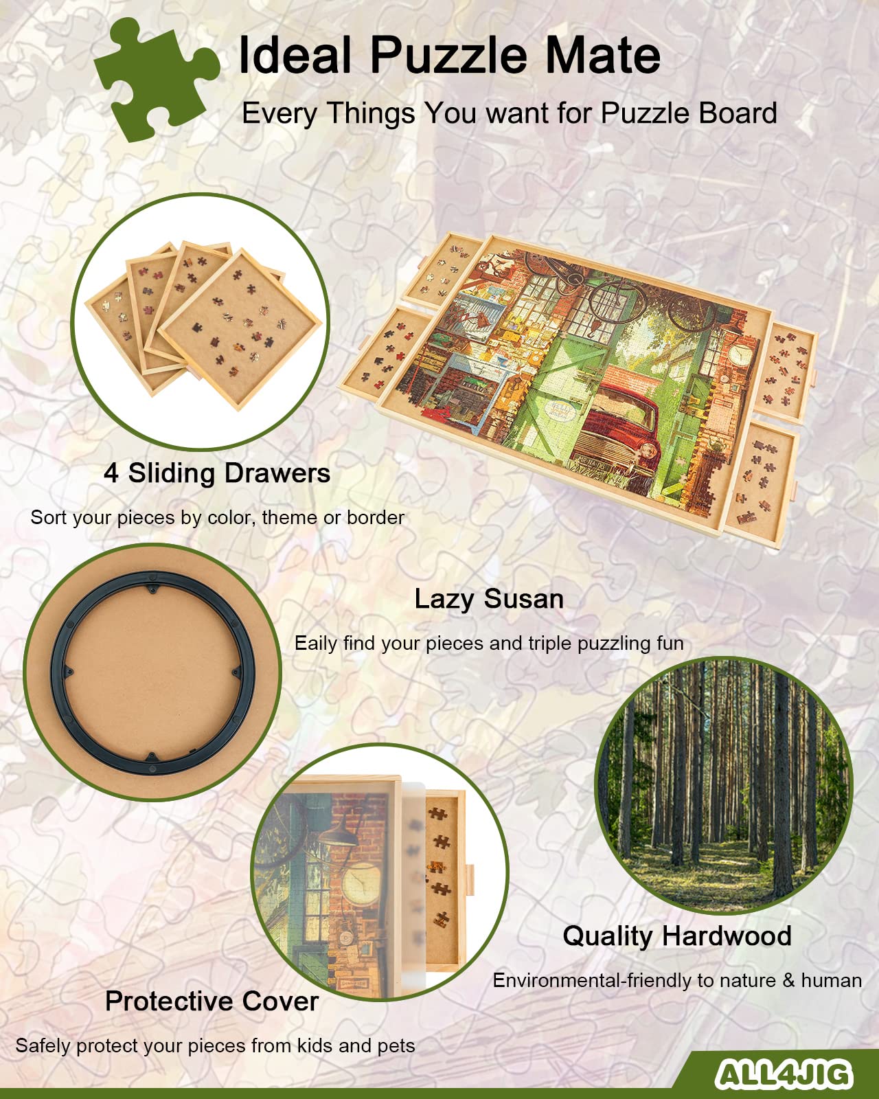 ALL4JIG Wooden 1000 Piece Rotating Puzzle Board with Drawers, 22"x30", Brown, Portable Jigsaw Table for Adults