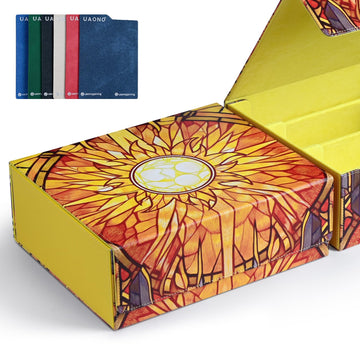Uaono Card Storage Box For Mtg, Trading Card Deck Box Holds 1800+ With 6 Dividers, Leather Printing Magnetic Closure Card Storage Case Fits Tcg Ccg Sports Cards (Yellow, Sun)