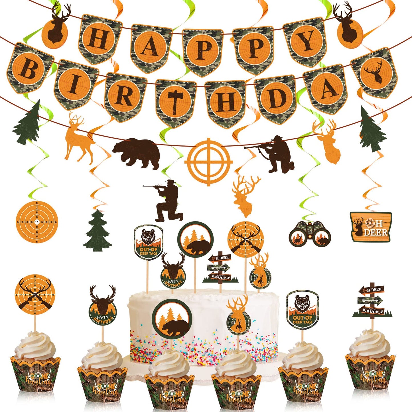 62 Pcs Hunting Theme Party Decorations Hunting Birthday Banner Camo Birthday Party Decorations Camo Cupcake Toppers Hunting Swir