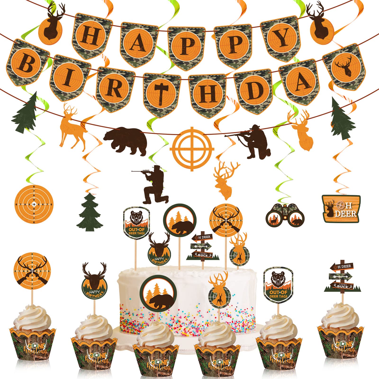 62 Pcs Hunting Theme Party Decorations Hunting Birthday Banner Camo Birthday Party Decorations Camo Cupcake Toppers Hunting Swir