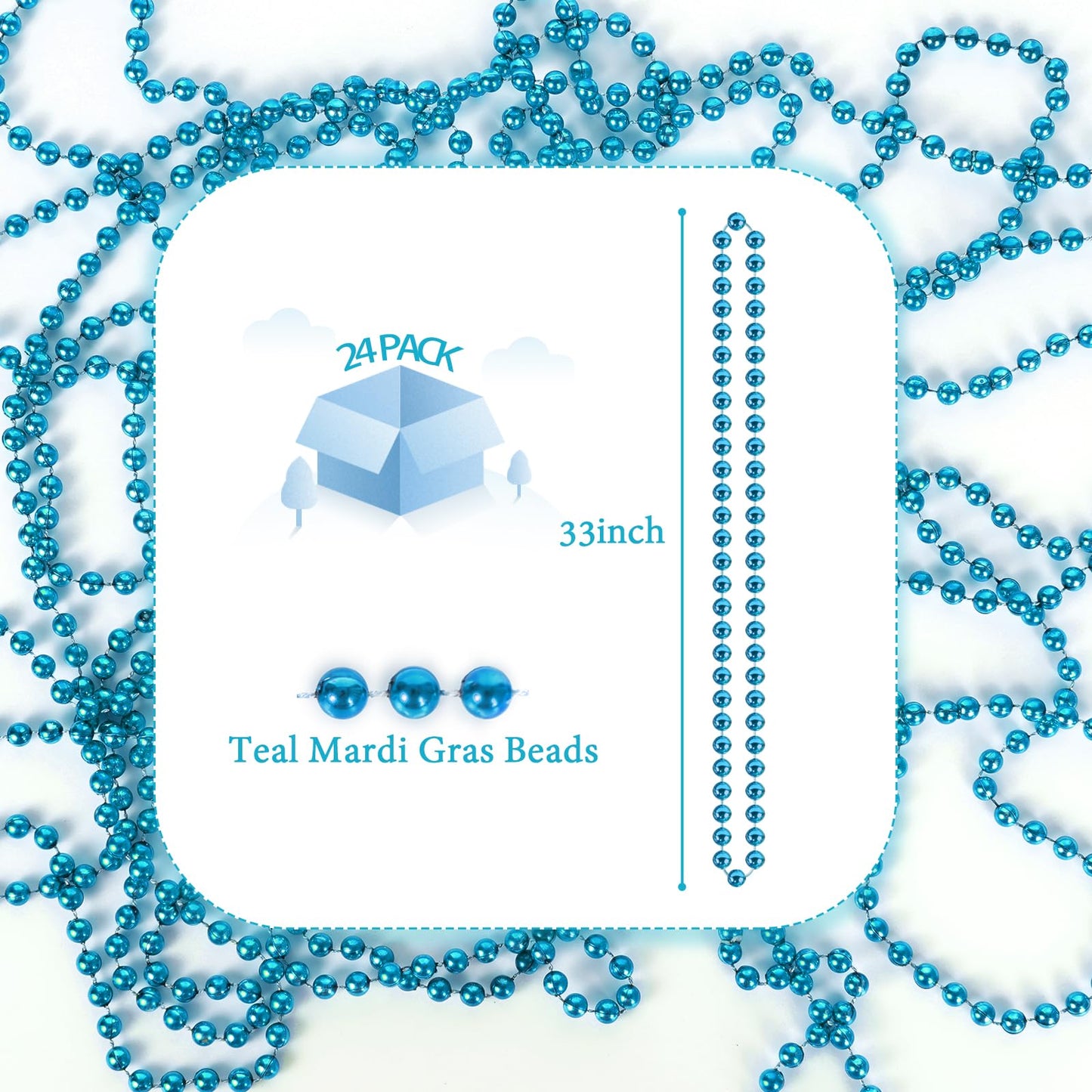 YAXINRUI 24 PCS Teal Bead Necklaces, Teal Mardi Gras Beads, 33 Inch Round Beaded Necklaces School Spirit Day Necklace for Mardi