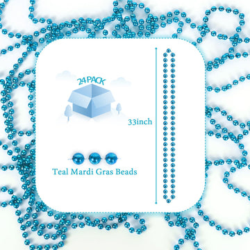 YAXINRUI 24 PCS Teal Bead Necklaces, Teal Mardi Gras Beads, 33 Inch Round Beaded Necklaces School Spirit Day Necklace for Mardi