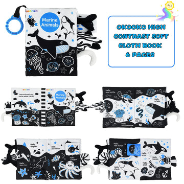 Okooko Soft Baby Book - Black And White High Contrast Marine Animals Tails Book, Montessori Sensory Stroller Toy, Non-Toxic Crinkle Washable Early Education For Baby Infant Toddler