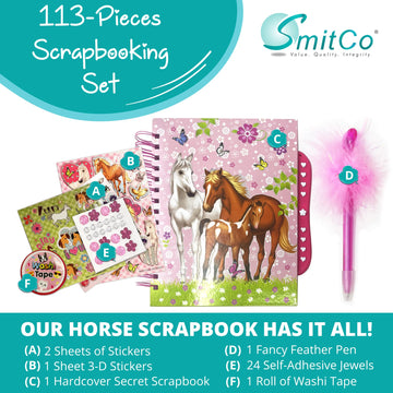 Horse Scrapbook Kit for Girls | Equestrian DIY Scrapbooking Kit for Little Girl and Tween Gifts | 114 Piece Scrapbook and Statio