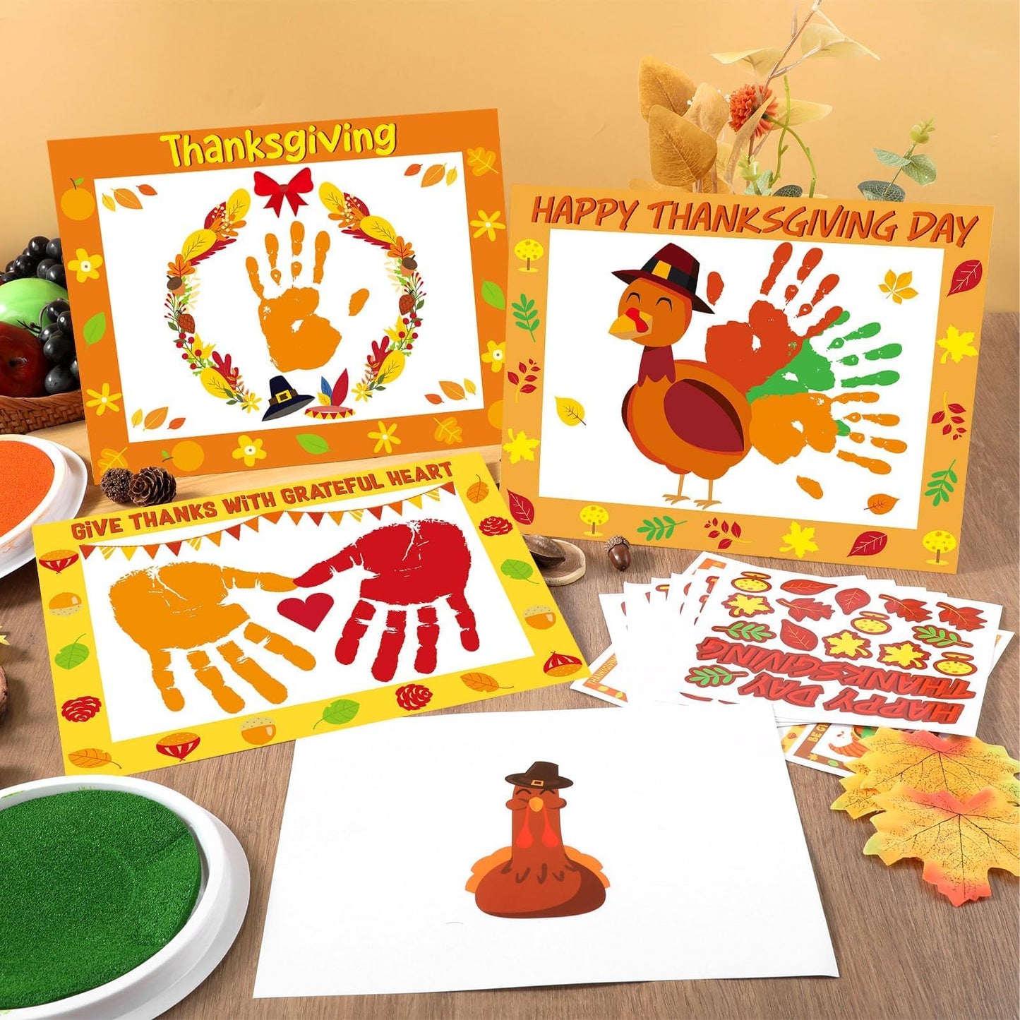 24 Sets Thanksgiving Handprint Crafts Kits for Kids DIY Thanksgiving Hand Keepsake Craft with 3 Large Ink Pads Fall Palm Paintin