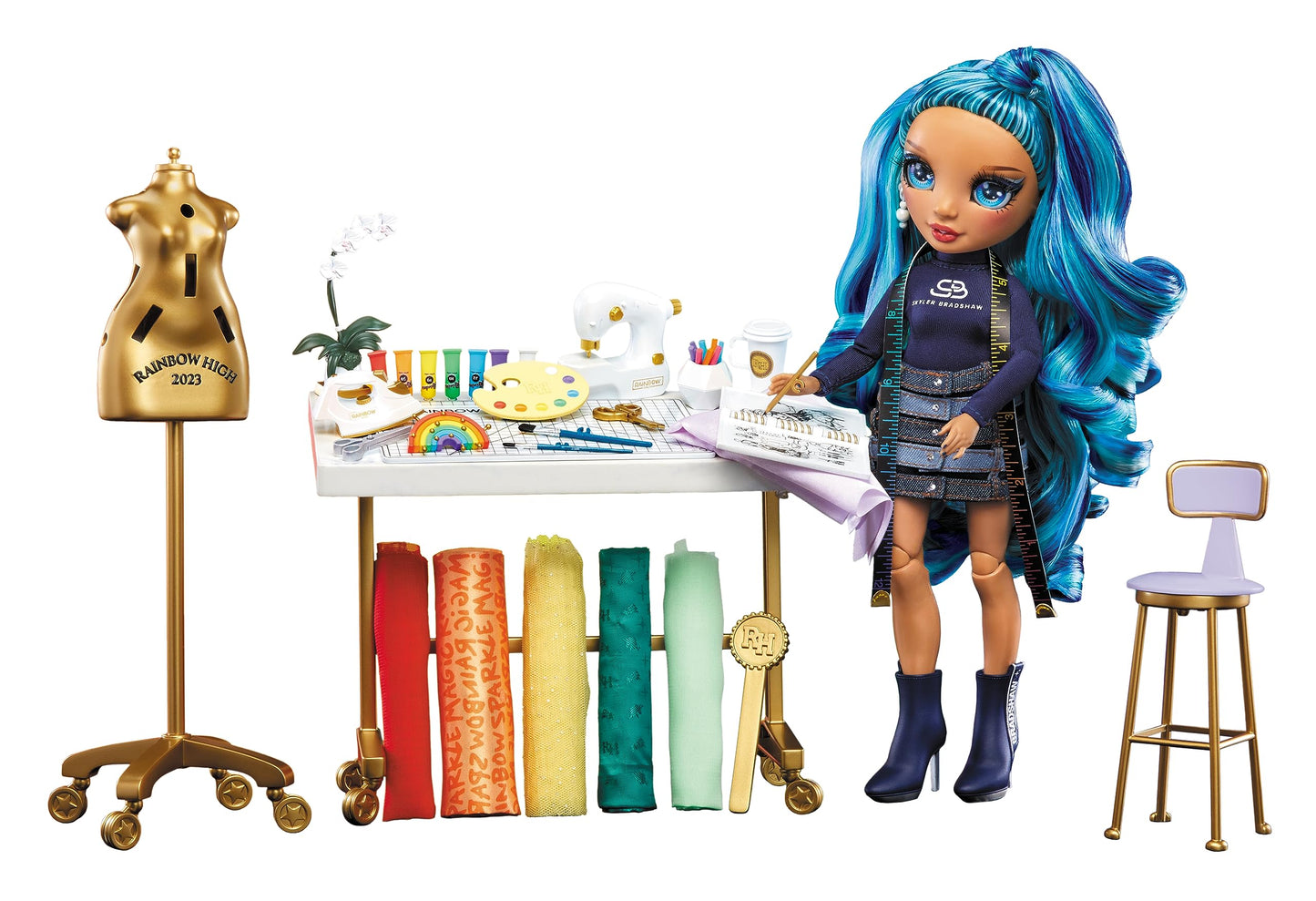 Rainbow High Dream & Design Fashion Studio Playset with Exclusive Blue Skyler Doll, Blue, No Sew Fashion Kit, Model 587514C3