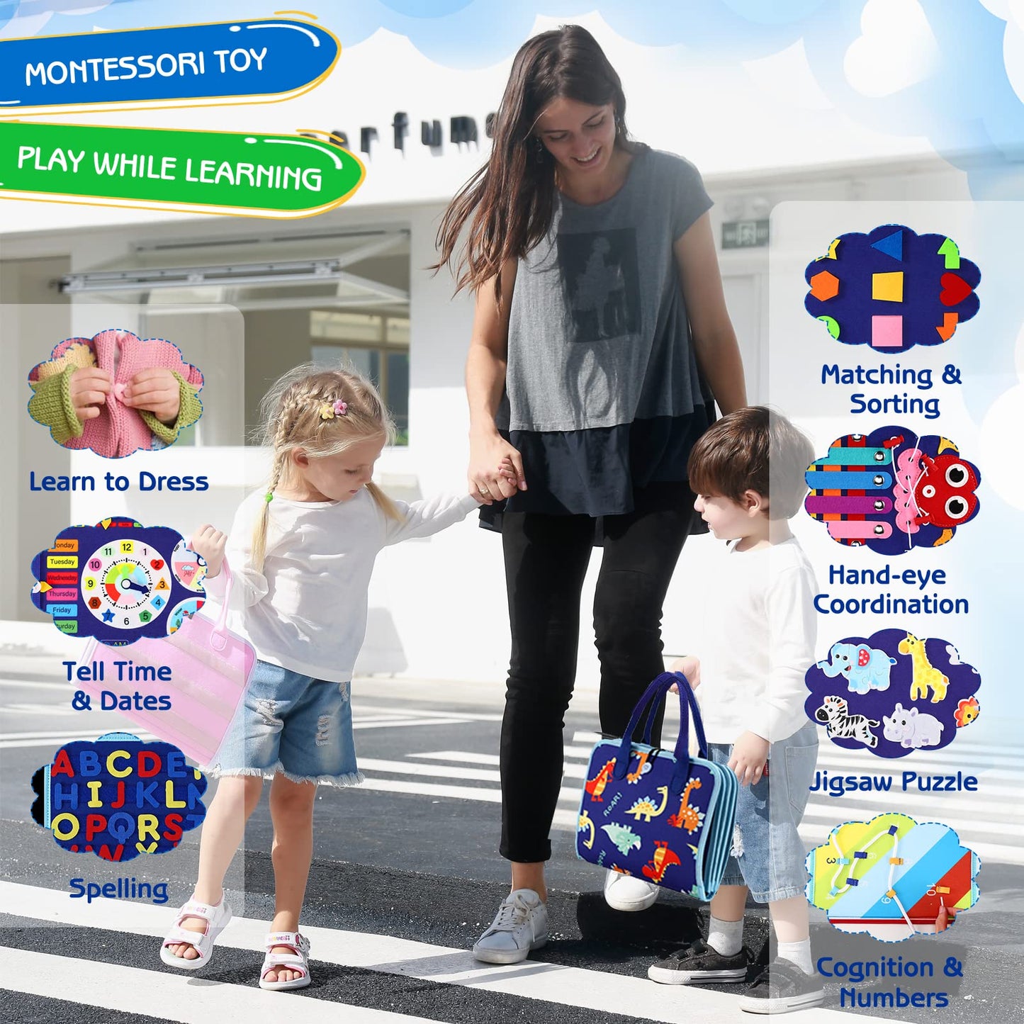 Esjay Toddler Busy Board - Montessori Sensory Toy for Fine Motor Skills, Medium, Blue Dinosaur, Travel-Friendly for Airplane and Car