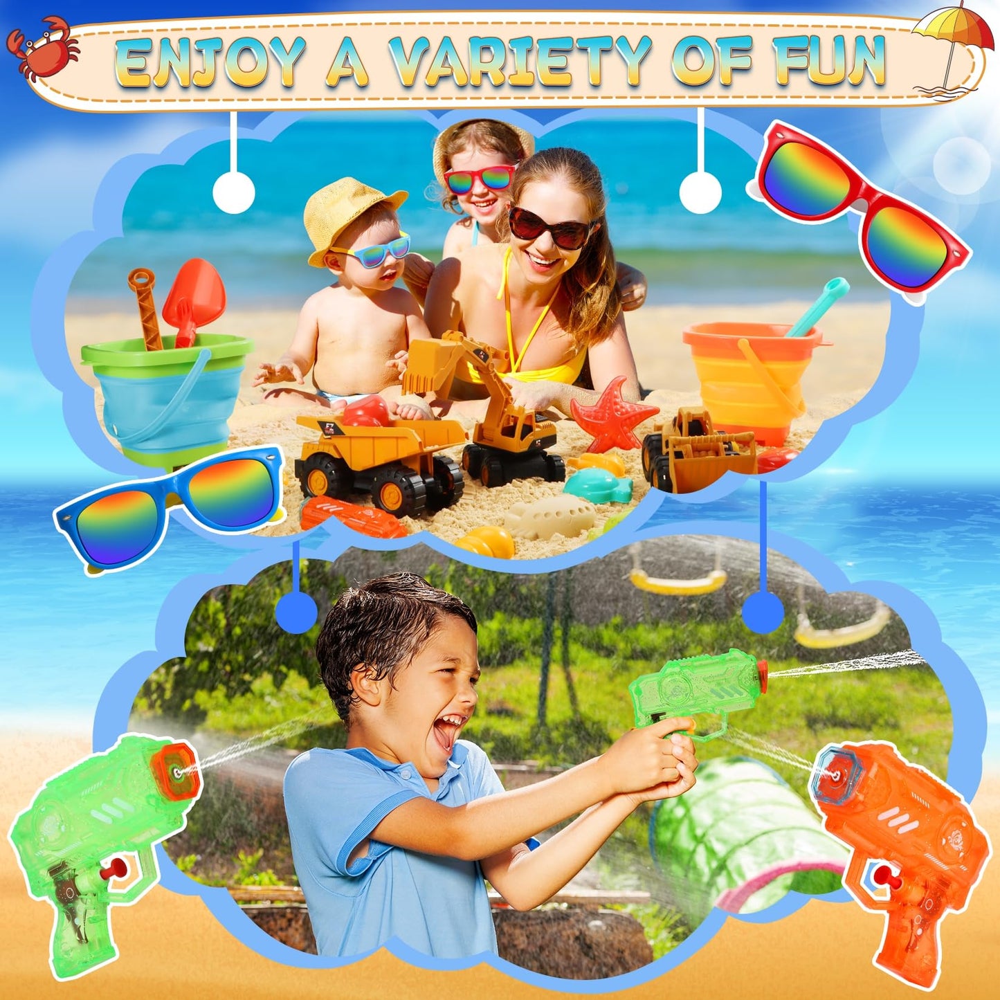 Beach Toys for Kids, 26PCS Sandbox Toys with 2 Collapsible Bucket Sand,3 Dump Truck,2 Sunglasses,Ocean Sand Molds,Mini Play Wate