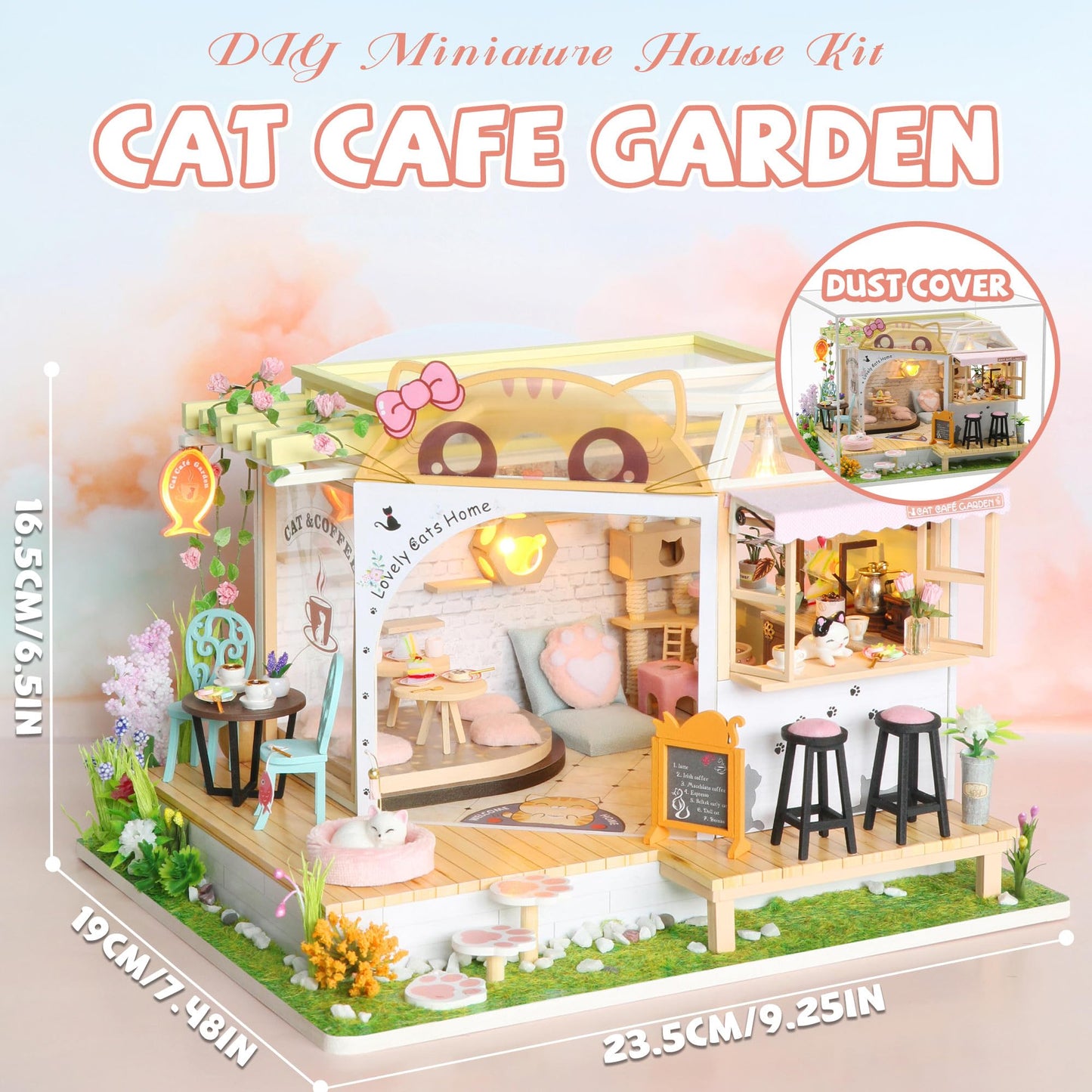 Kisoy Dollhouse Miniature with Furniture Kit  Handmade DIY House Model for Teens mature-themed Gift (Cat Cafe Garden)