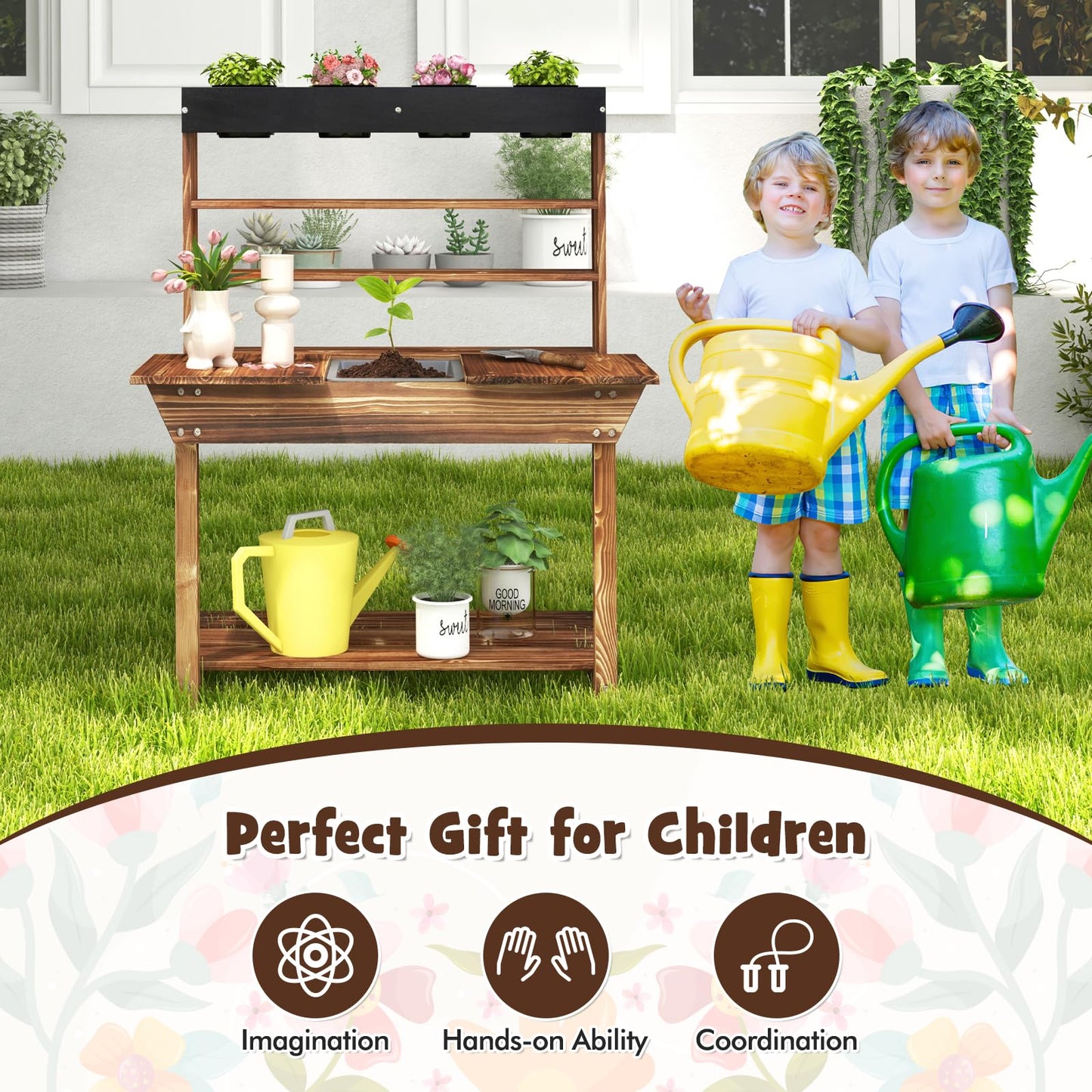 Costzon Kids Potting Bench, Wood Toy Gardening Center with 4 Pots, Chalkboard, Removable Sink, Storage Shelves, Mud Kitchen for