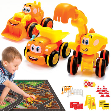 Toys for 3 Year Old Boy - 3 Friction Powered Trucks for 3+ Year Old Boys, Playmat & 16 Accessories, Push & Go Cars Cartoon Const