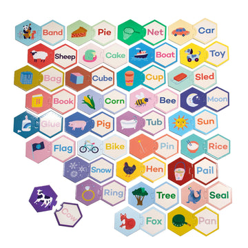 Eeboo: Hexagon Puzzle Pairs - Simple Words - 33 Pairs, Match Pictures To Letters, A Pre-Reading Activity, Educational Preschool Learning, Kids Ages 3+
