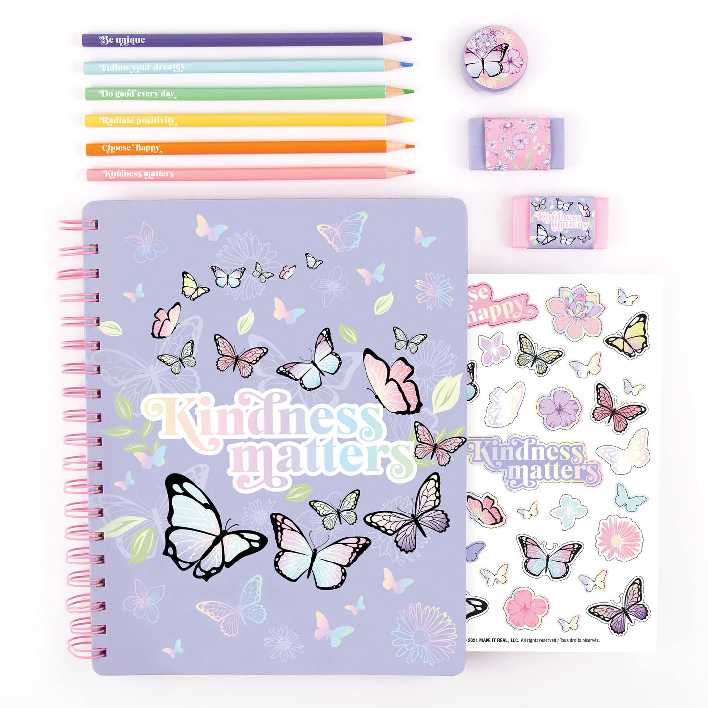 Three Cheers For Girls - Butterfly All-In-1 Sketchbook Set - Girls Diary, Journal, Sketch Book For Kids W/ Pencils, Stickers & More - Drawing Kit For Kids - Unlined Diary For Girls - Kids Sketch Pad