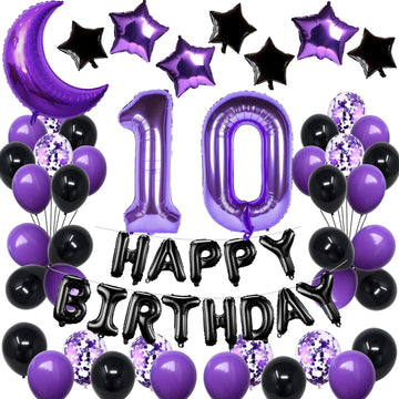 Naninuneno 10Th Birthday Decorations Set For Girl Women Boy Men, Purple Black 10 Happy Birthday Balloons Supplies With Purple Nu