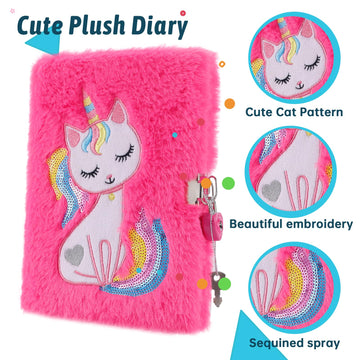 Superstyle Cat Diary With Lock, Gift For 6 7 8 Years Old Girls, Fuzzy Notebook Cute Cat Diary Secret Writing Plush Journal Christmas Day Birthday Gift For Kids