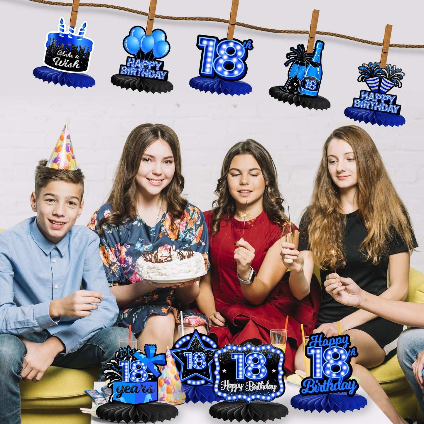 Happy 18th Birthday Honeycomb Centerpieces 9Pcs Stylish Sophisticated Blue Neon Theme Table Decor for Boys Girls Birthday Party
