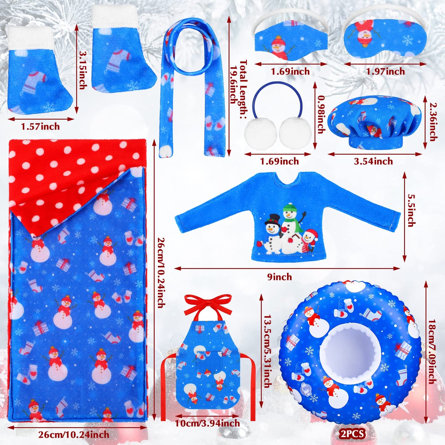 11 Pcs Christmas Elf Accessories Include Blue Elf Doll Sleeping Bag Apron Chef Hat Ear Muffs Scarf Hoodie Eye Mask Socks Mask Wi