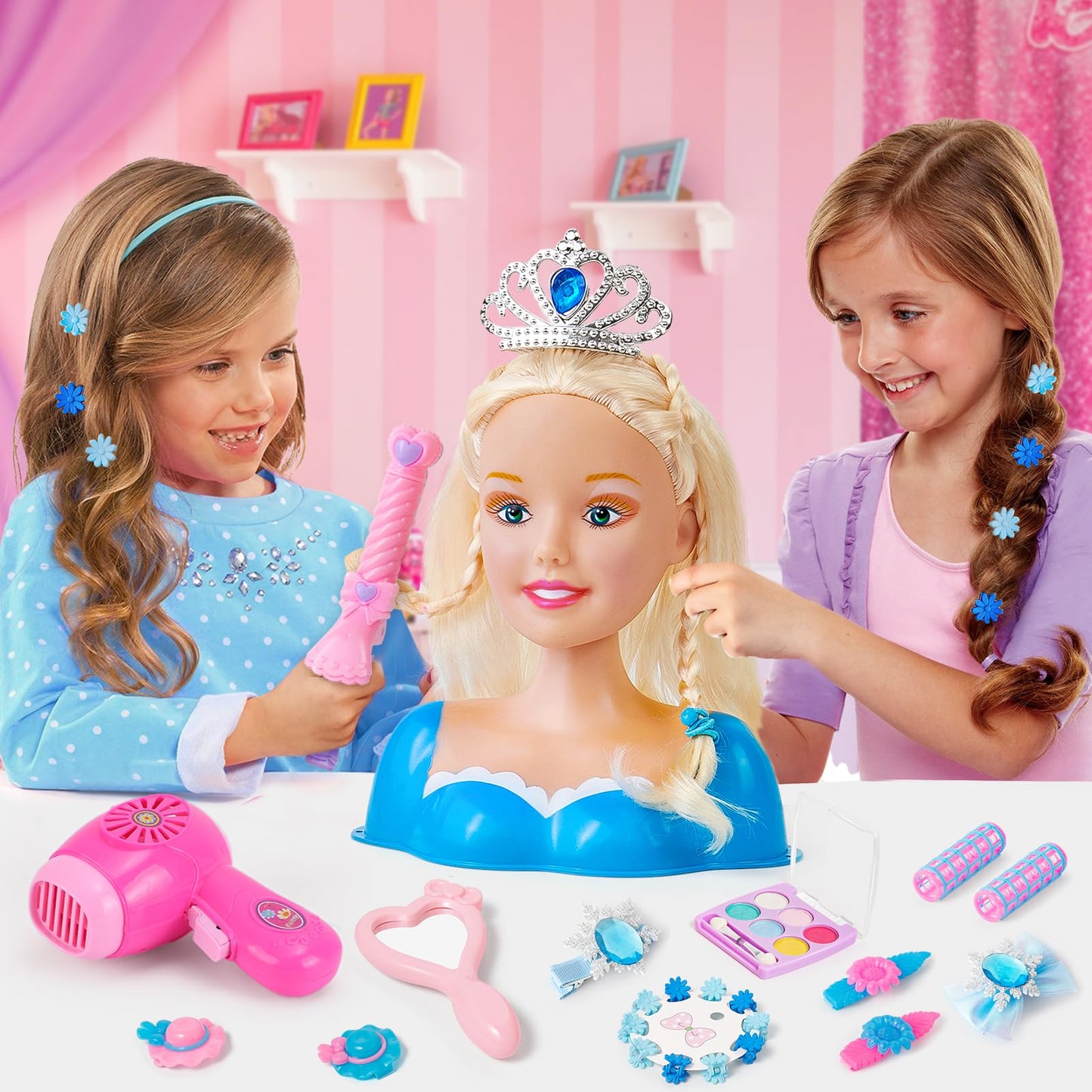 Svmk Hair Styling Doll Head Makeup For Girls Toys Kids Practice Pretend Play Beauty Set With Hairdryer Curling Iron Crown Brushe