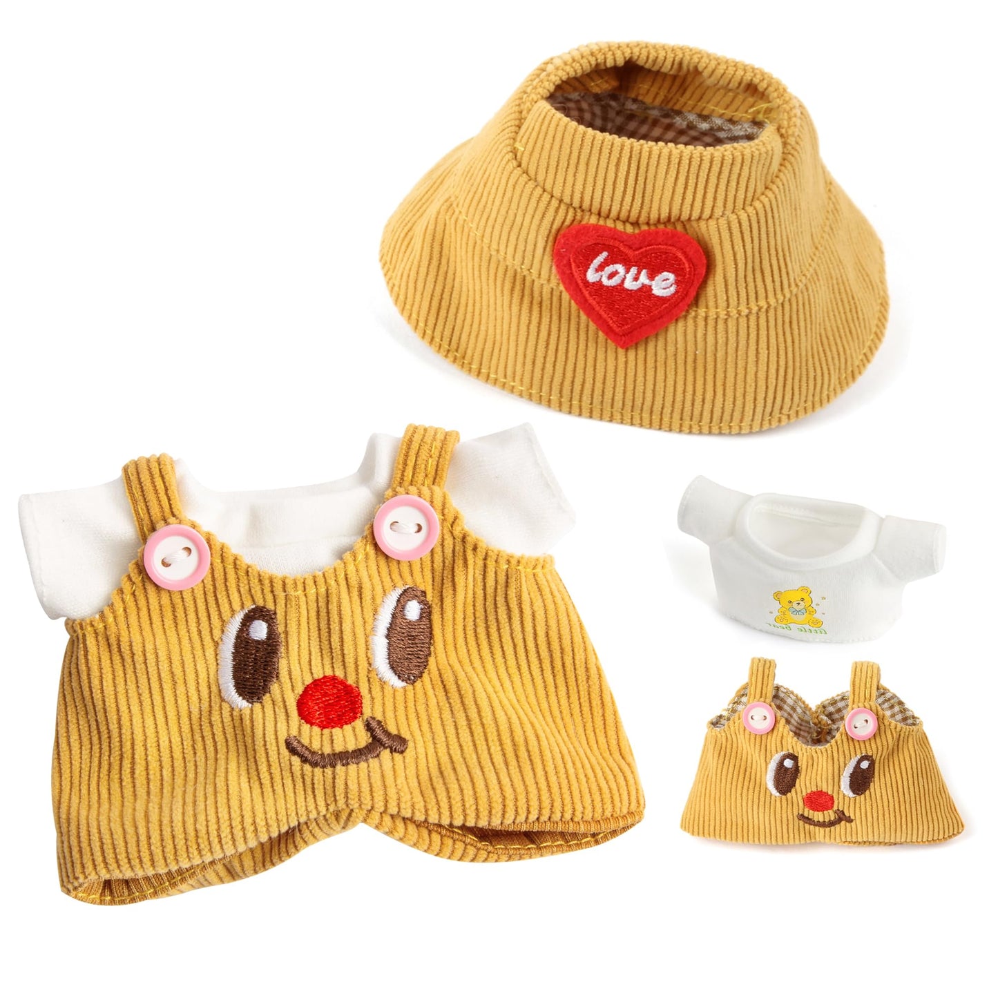 17 cm Doll Clothes  3-Piece Set Stylish Clothes for 17cm Doll  enhanced Outfit with Accessories for Doll- Red Heart Butter Hat & Tshirt & Butter Bear Romper (NO Doll)