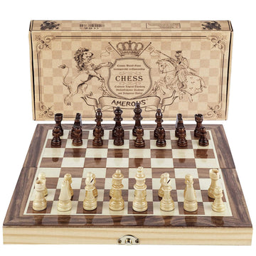 Amerous Chess Set, 12'X12' Folding Wooden Standard Travel International Chess Board Game Set With Magnetic Crafted Pieces For 2 Players