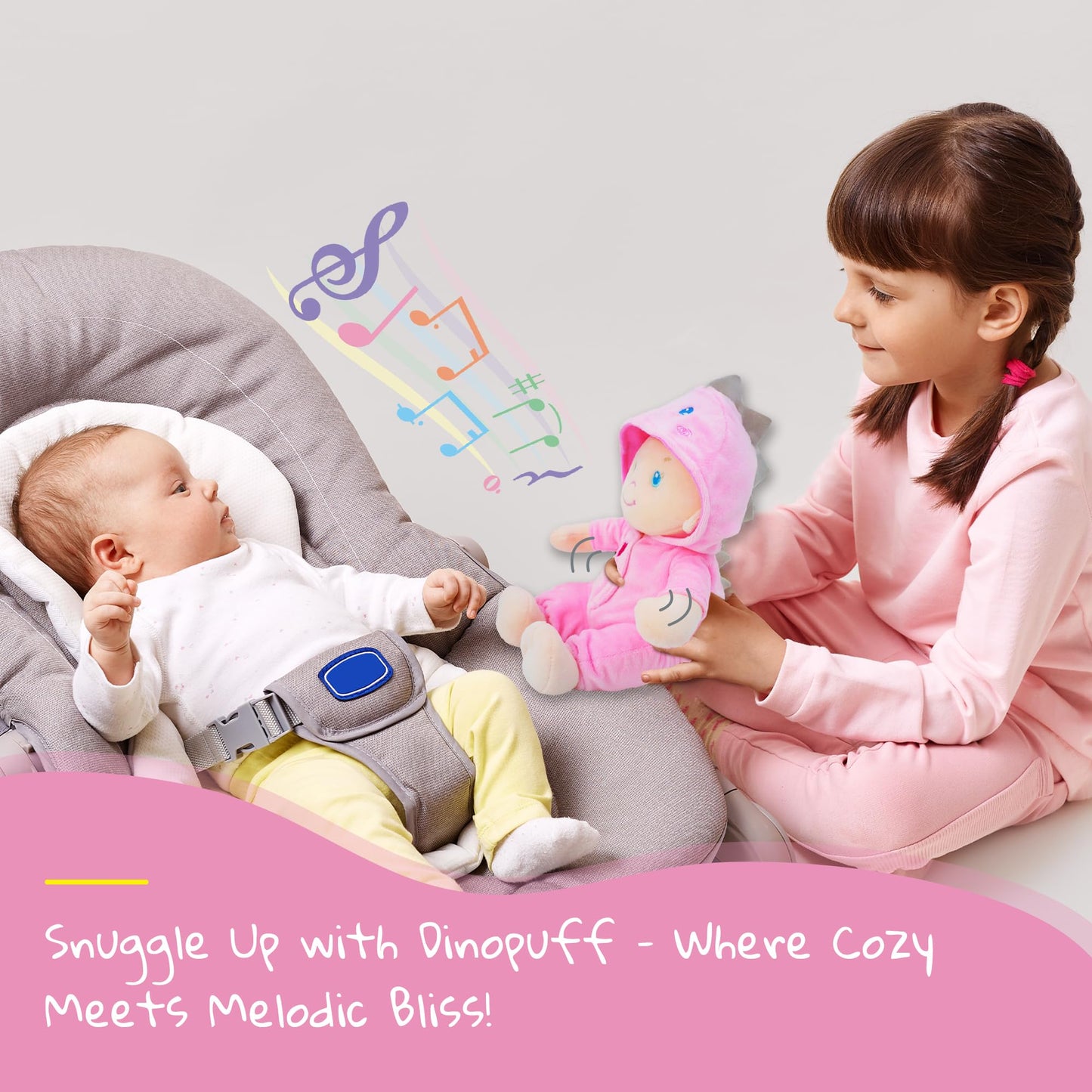 June Garden 12 Musical Sweet Dolly Dinopuff - Interactive Stuffed Ultra Soft Talking Baby Doll for Birth and Up - Removable Pink