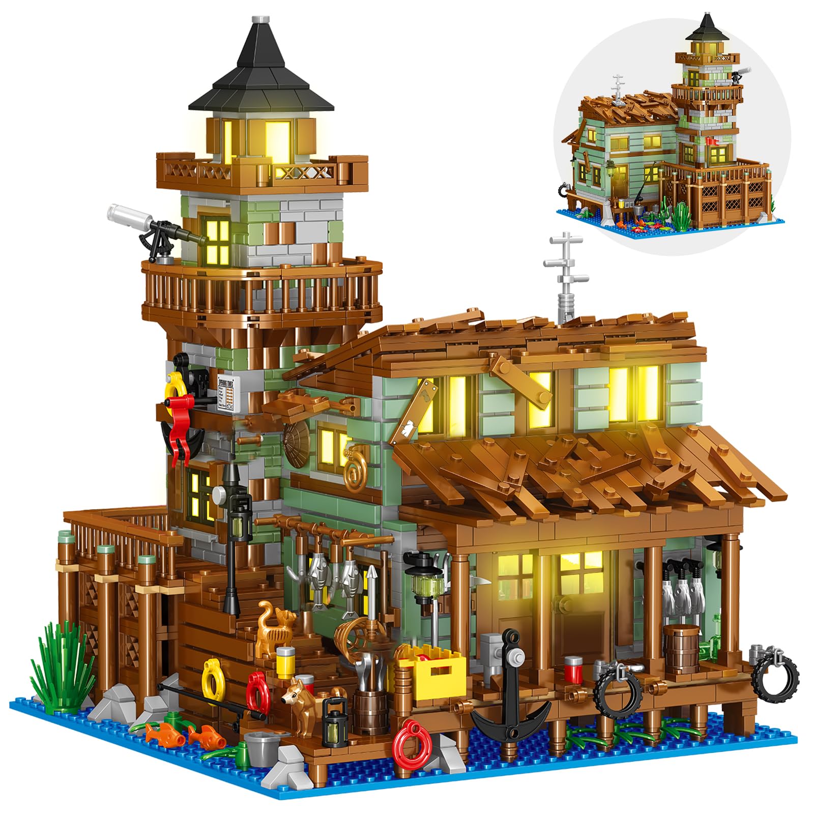 Fishing Village Store House Building Set With Led Light, 1881 Pcs Wood Cabin Mini Building Block, Stem Architecture Toys Kit, Birthday Gift For Adults Ages 8-12+ Years(Not Compatible With Set )