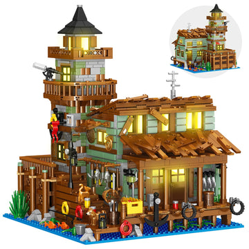 Fishing Village Store House Building Set With Led Light, 1881 Pcs Wood Cabin Mini Building Block, Stem Architecture Toys Kit, Birthday Gift For Adults Ages 8-12+ Years(Not Compatible With Set )