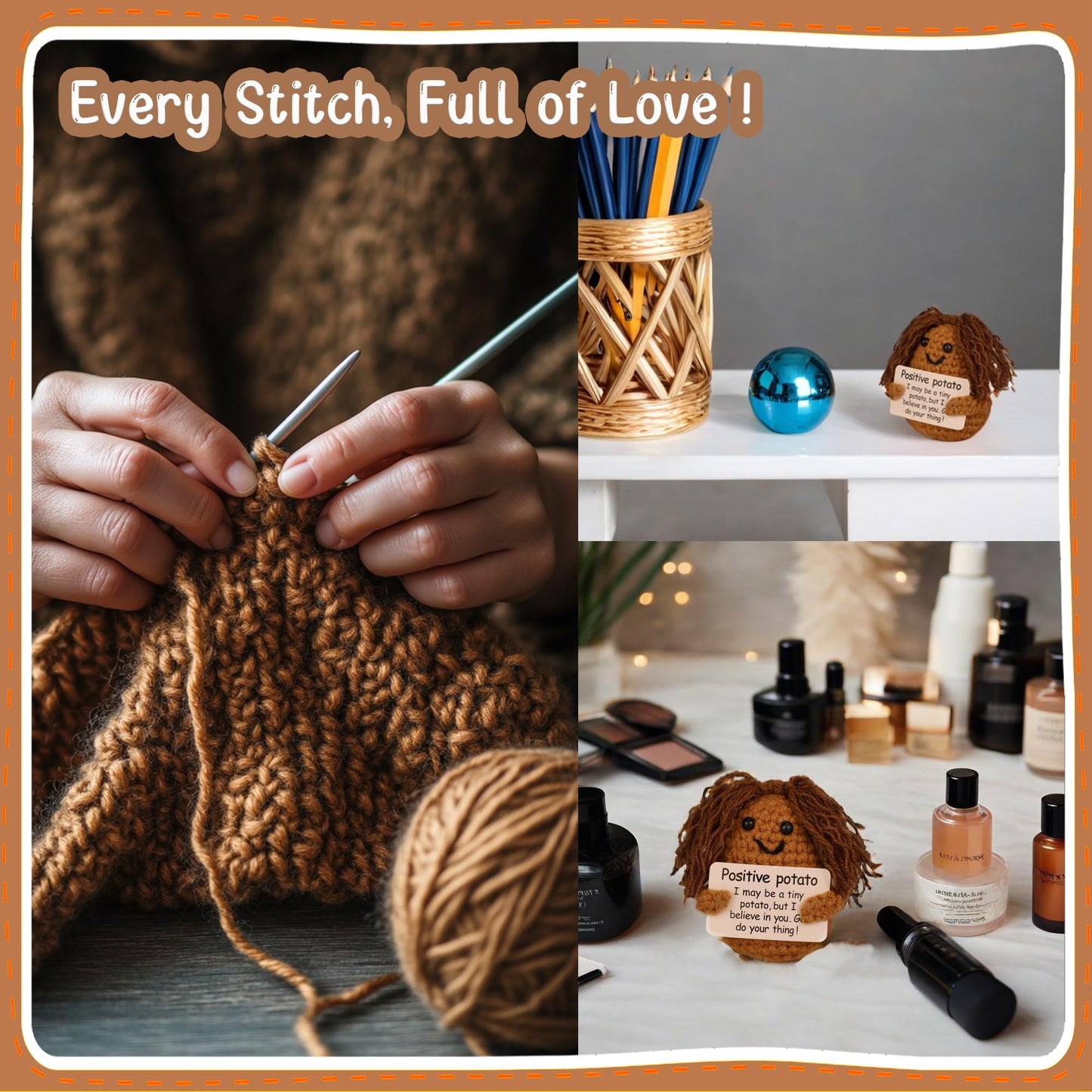 Funny Knitted Black Girl Doll With Positive Card - Adorable Long Hair Crochet Potato, Handmade Gift For Friends, Kids, Family, C