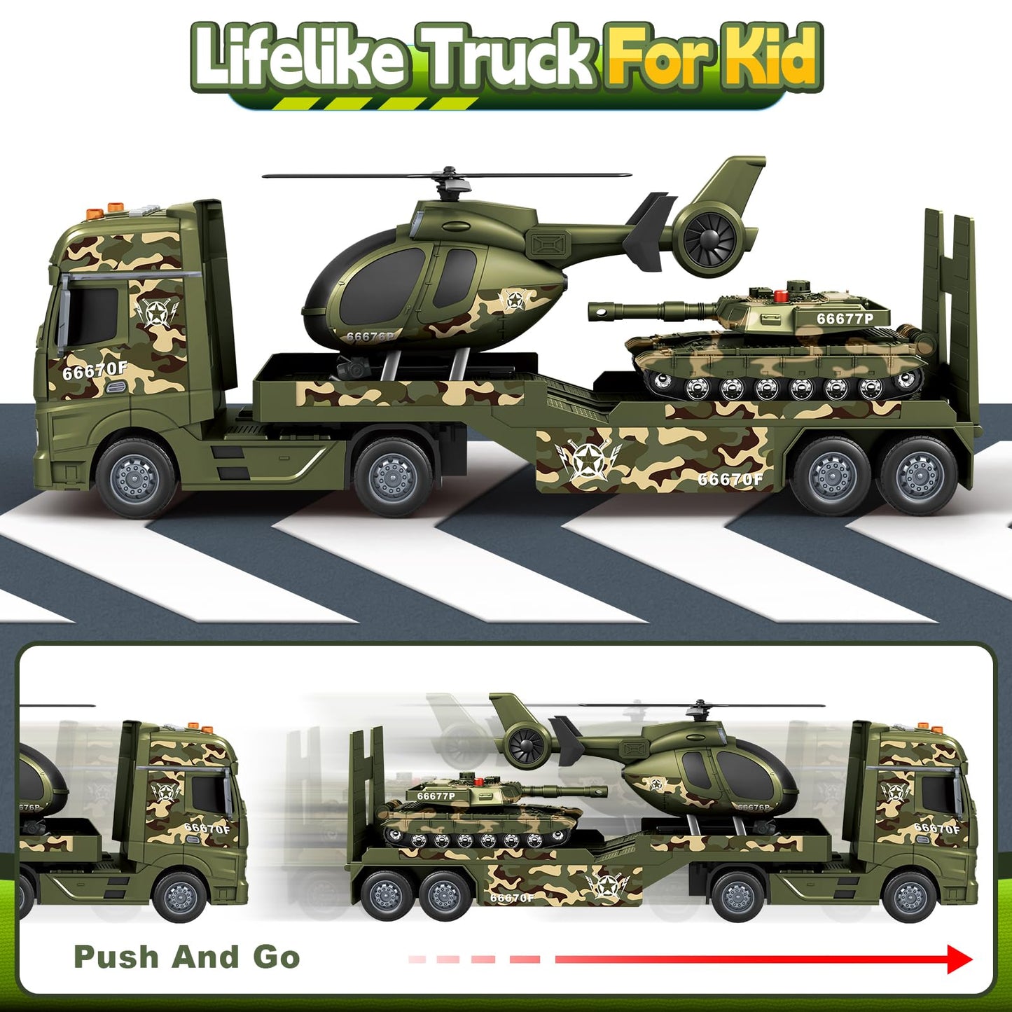 SpringFlower Toddler Boy Toys, 3 in 1 Large Army Truck Toy with Helicoper and Tank, Military Transport Truck Toy, Christmas Birt