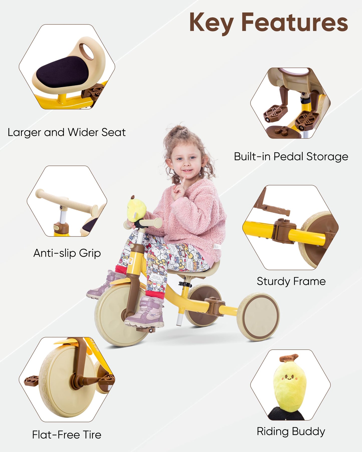 RIDYEE 4-in-1 Toddler Tricycle, Tool-Free Mode Switch, One-Click Height Adjustment, Yellow, for Ages 18 Months to 3 Years