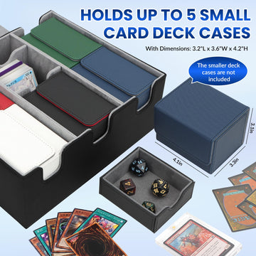 Qlouni Card Storage Box For Trading Cards, Holds 5 Mtg Deck Card Boxes Or 2200+ Cards, Leather Magnetic Closure Tcg Storage Box