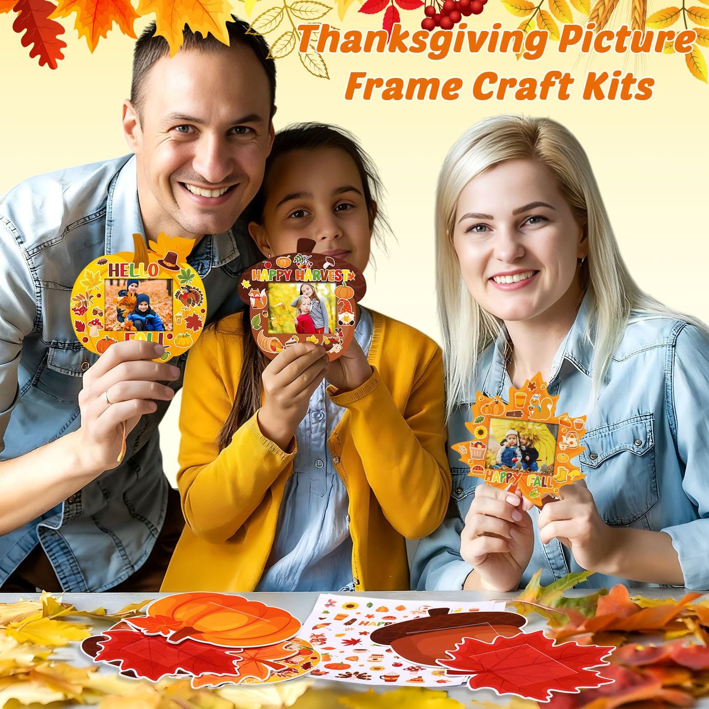 Blosssound 24 Sets Thanksgiving Fall Picture Frame Craft Kits Thanksgiving DIY Photo Frames with Stickers Pumpkin Photo Autumn G