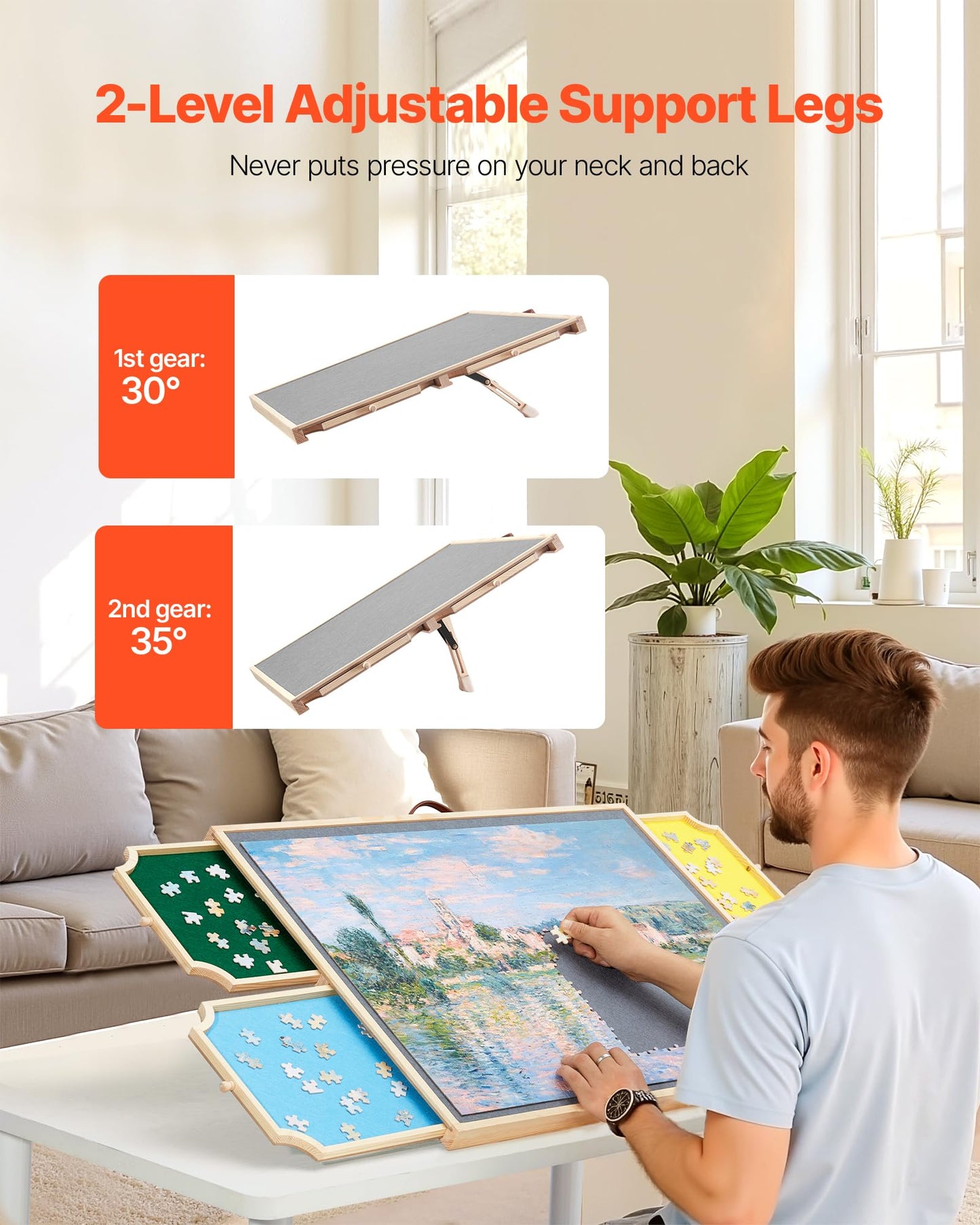 VEVOR 1000 Piece Rotating Puzzle Board with 4 Colorful Felt Drawers and Cover, 29x21 in Portable Wooden Table, Adjustable 2-Tilt