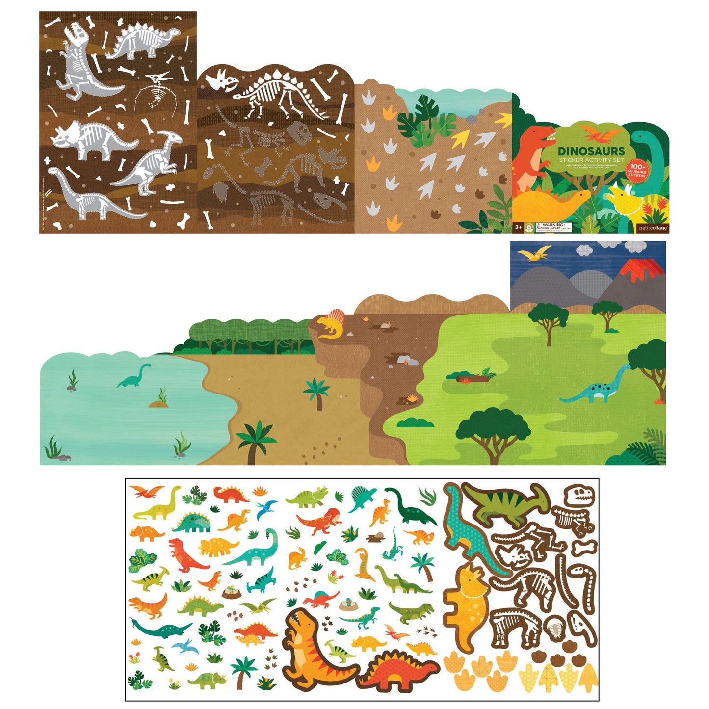 Petit Collage Sticker Activity Book, Dinosaurs - Giant Fold Out Sticker Book for Kids, Includes Over 100 Reusable Stickers - Act