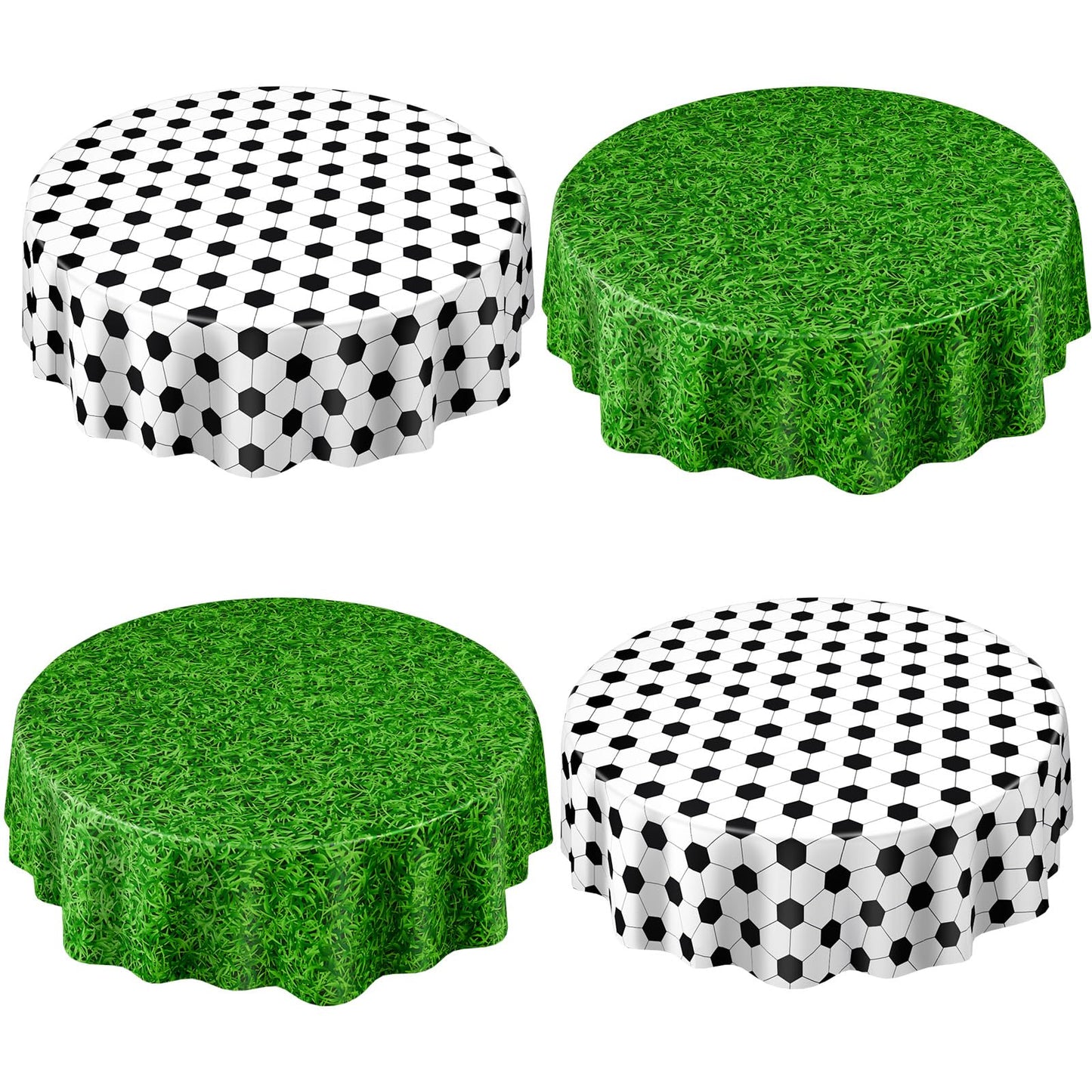 Funnymoom 4 Pack Round Soccer Tablecloth 84 Inch Plastic Soccer Grass Party Decorations Disposable Grass Table Cloth Washable Di