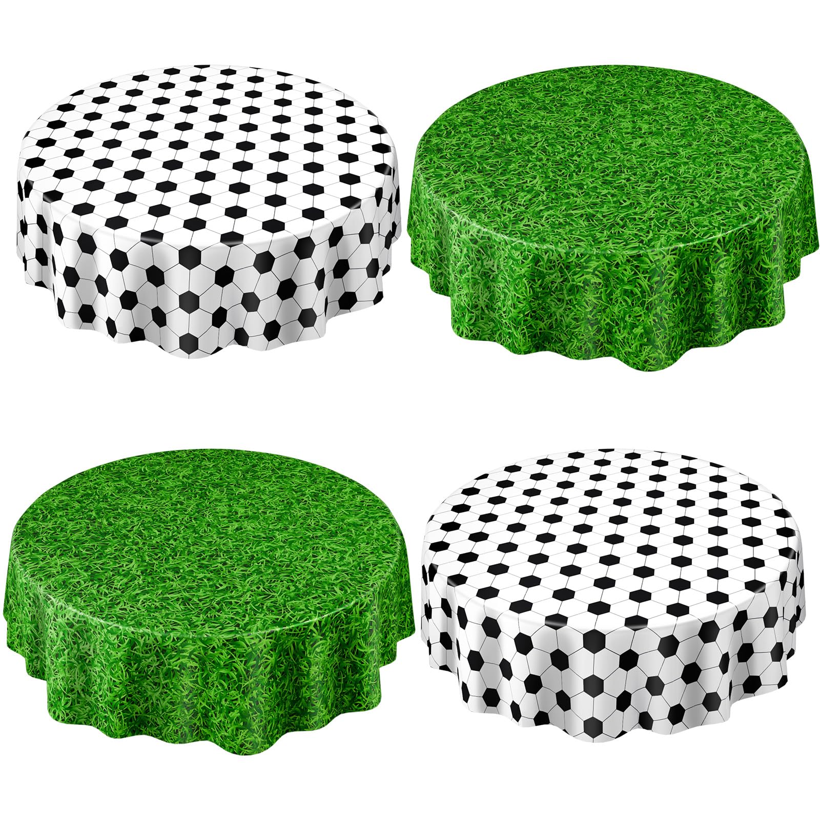 Funnymoom 4 Pack Round Soccer Tablecloth 84 Inch Plastic Soccer Grass Party Decorations Disposable Grass Table Cloth Washable Di