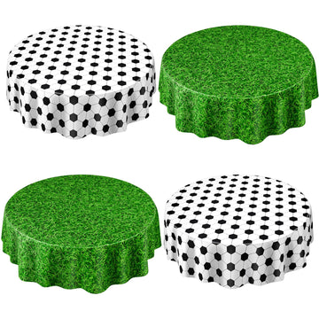 Funnymoom 4 Pack Round Soccer Tablecloth 84 Inch Plastic Soccer Grass Party Decorations Disposable Grass Table Cloth Washable Di