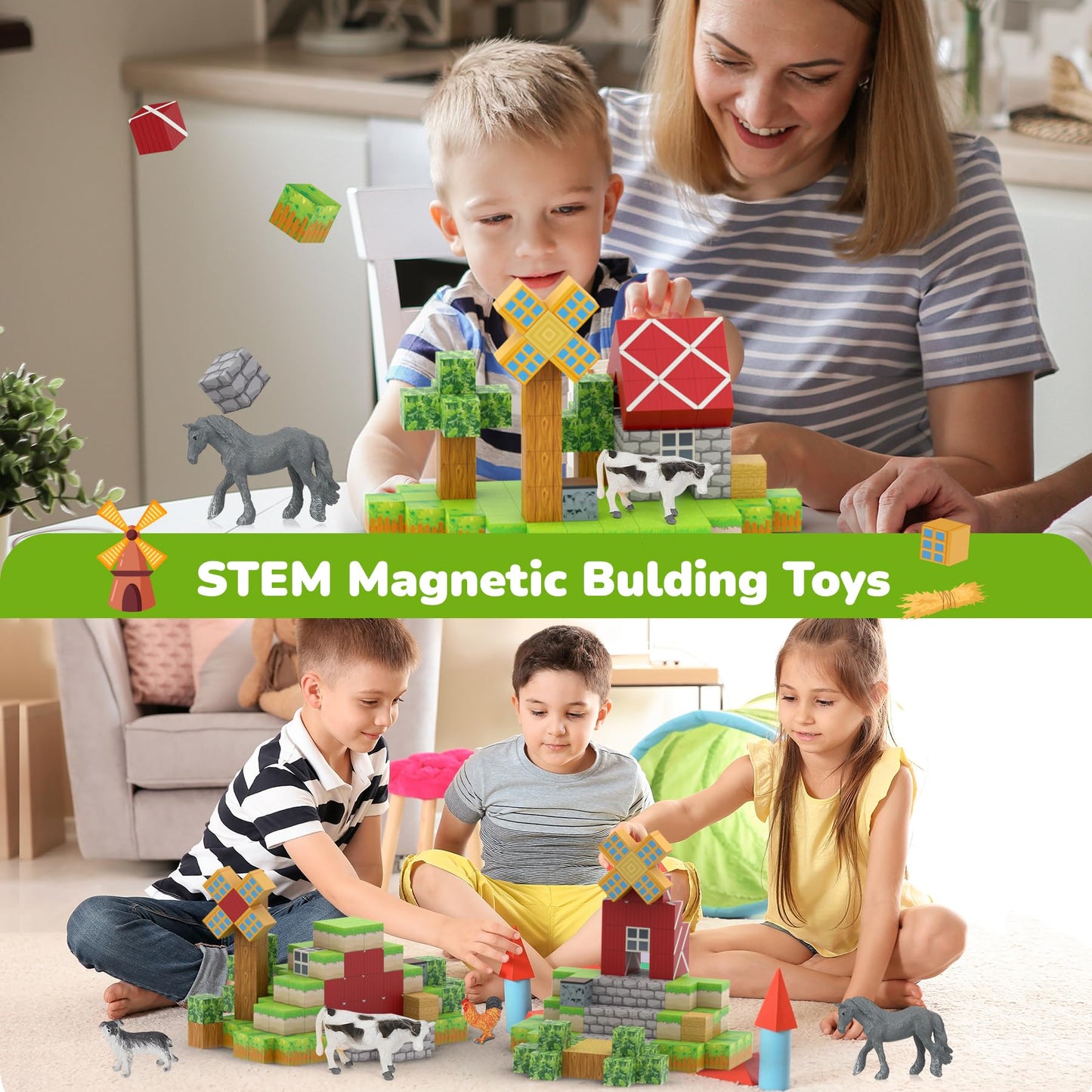 Dulsaera Magnetic Blocks 110Pcs With 6 Animal Toys, Mine Farm Building Blocks Set, Toys For Boys & Girls Age 4-6, 6-8, Stem Mont