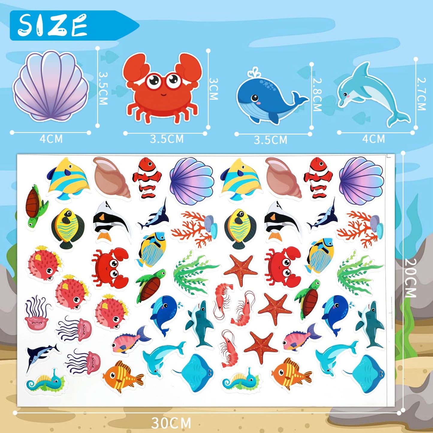 Julbear 300 Pieces Ocean Sea Animal Foam Stickers Bulk Self-Adhesive Tropical Fish Sea Creature Stickers Sea Turtles For Arts Cr